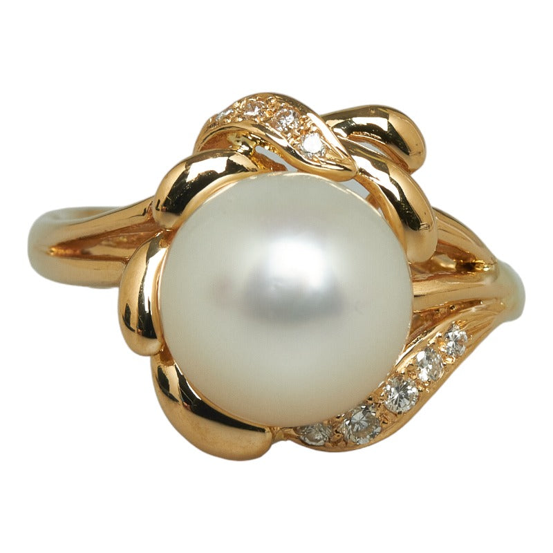 [LuxUness]  Ladies' K18YG Yellow Gold Ring with 10.2mm Pearl and 0.11ct Diamond, Size 14.5 (Pre-Owned) Metal Ring in