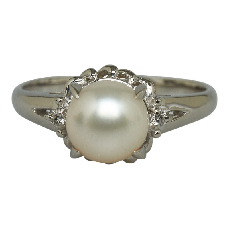 [LuxUness]  Ladies' Pt900 Platinum Ring with 7.5mm Akoya Pearl and 0.03ct Diamond, Size 15 (Pre-Owned) Metal Ring in