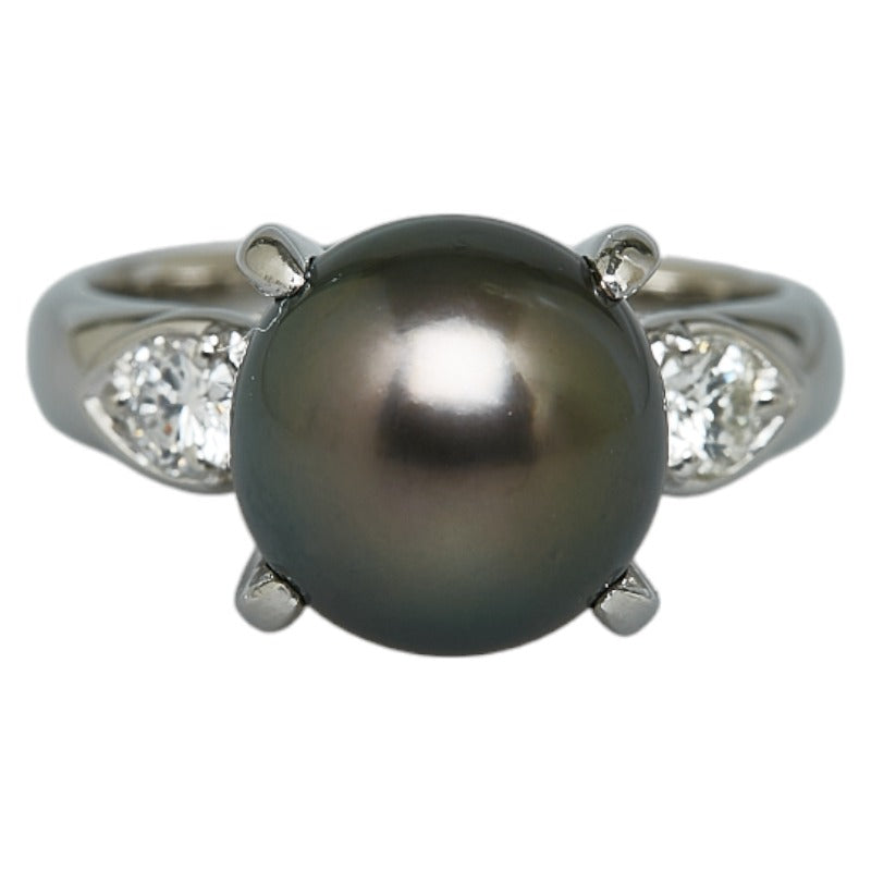 [LuxUness]  Women's Pt900 Platinum Ring with Black Pearl 9.9mm and Diamond 0.23ct, Size 9, Pre-Owned Metal Ring in