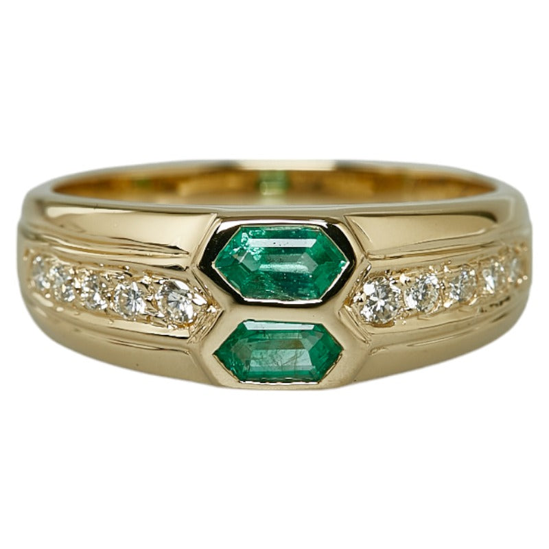 [LuxUness]  K18YG Yellow Gold 0.34ct Emerald and 0.16ct Diamond Ring for Women, Size 12 [Preowned] Metal Ring in
