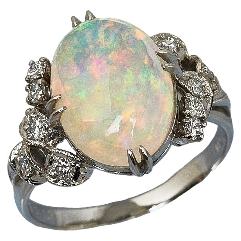 Platinum Pt850 Ring with 3.53ct Opal and 0.13ct Diamond Cabochon for Ladies, Size 12 [Used]