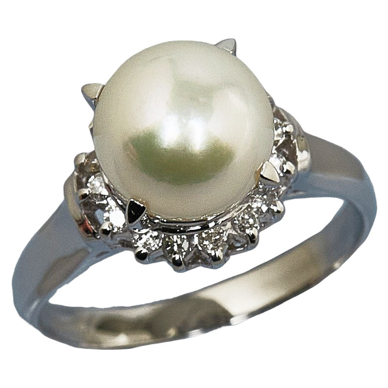 Pt900 Platinum Ring with 8mm Akoya Pearl & 0.15ct Diamond for Women, Size 8
