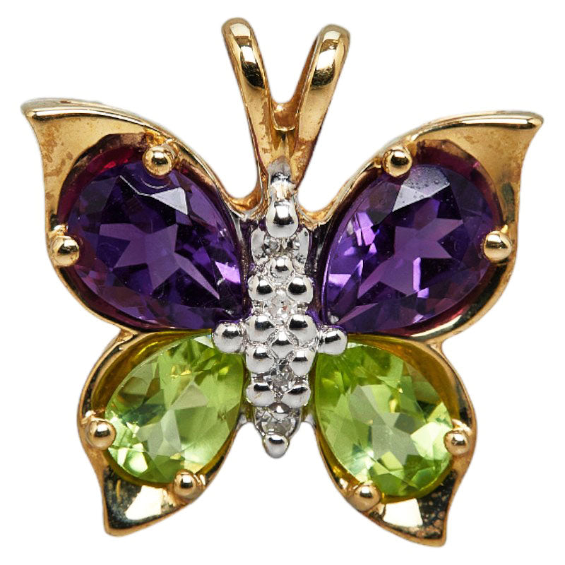 14K Yellow Gold (K14YG) Pendant with Diamond, Amethyst, and Peridot, Butterfly Design for Women