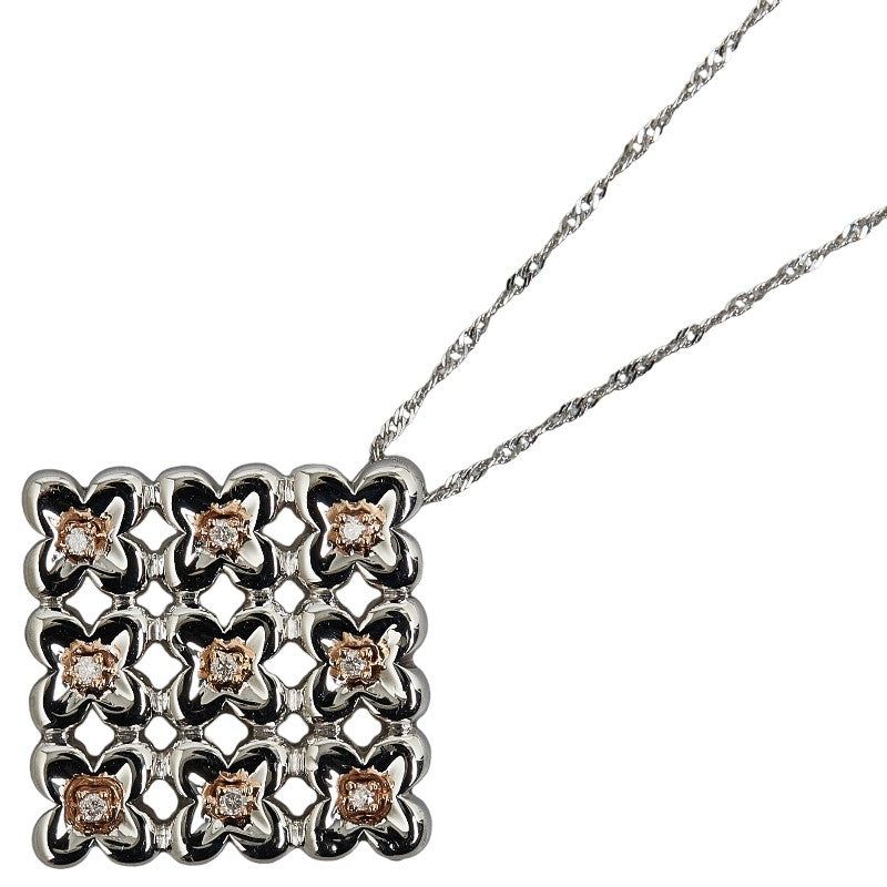 K18WG White Gold Necklace with 0.08ct Diamond in Square Floral Plate - For Women (Pre-owned)