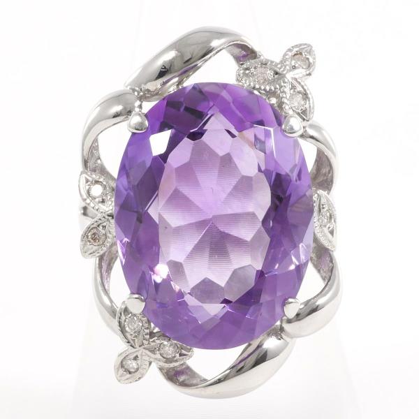 15.22ct Amethyst & 0.10ct Diamond Ring with Card Identification, K18 White Gold, Ring Size 13, Silver, Ladies, Used