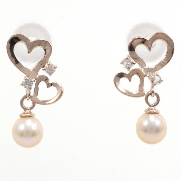 "Heart-shaped K10 10k Pink Gold, Pearl & White Topaz Earrings-Pink Gold Pearls for Women"