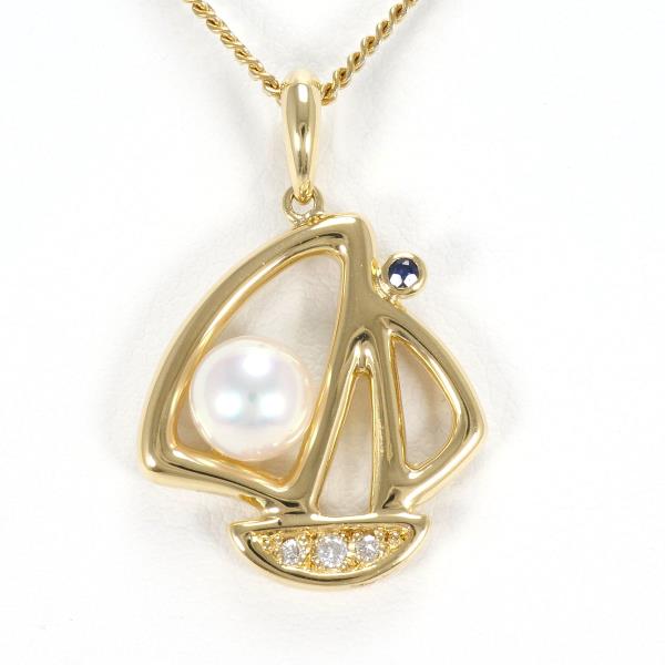 K18 18K Yellow Gold Necklace with Pearl, Sapphire 0.02ct, Diamond 0.04ct, Gold for Women, Weight 7.3g, Length 40cm