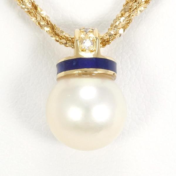 Elegant K18 Yellow Gold & Enamel Necklace with Pearl & 0.03 Carat Diamond, Approx. 6.9g, 39cm Length