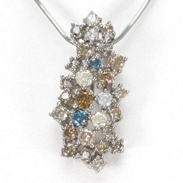 K18 18K White Gold Necklace with Natural Blue, Brown, Yellow Diamond 1.50ct, Silver for Women, Weight 7.1g, Length 45cm