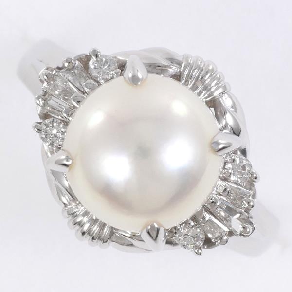 Platinum PT900 Ring with Approx. 9mm Pearl and 0.09ct & 0.06ct Diamonds, Size 9, Ladies Ring in Silver Color, 6.0g Total Weight - Used