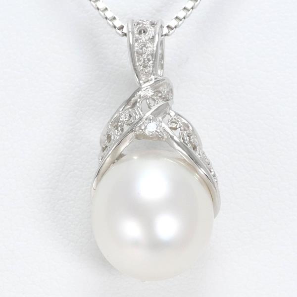 Platinum PT900 Necklace with Pearl and 0.01ct Diamond, Approximately 41cm, Ladies Necklace in Silver Color, 7.6g Total Weight - Used