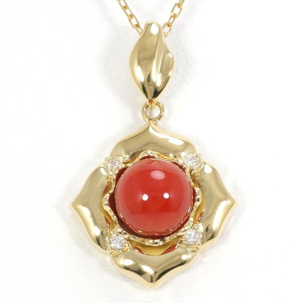 18K Yellow Gold Necklace with Coral and 0.06ct Diamond, Approximately 40cm, Ladies Necklace in Gold Color, 4.3g Total Weight - Used