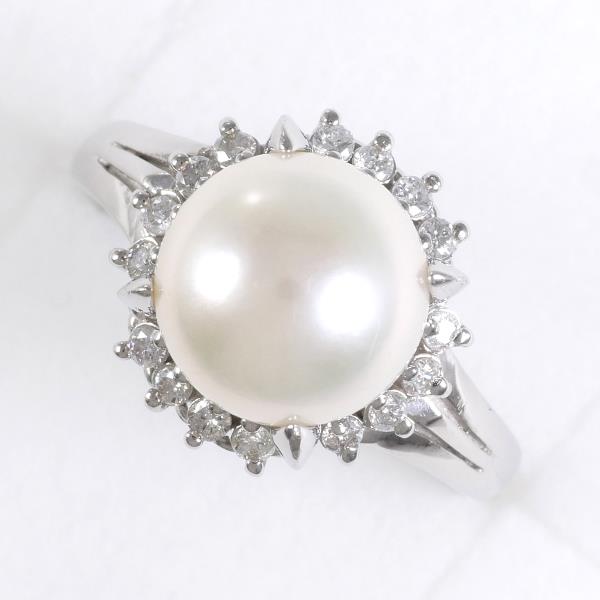 PT900 Platinum, Size 12.5, 9mm Pearl & 0.20ct Diamond Ring for Women