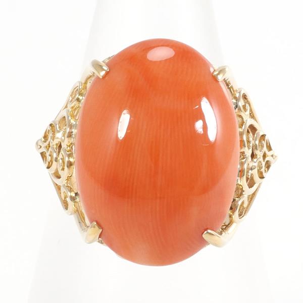 [LuxUness]  K18 18K Yellow Gold Ring with Coral, Size 9 - Approximate Total Weight 6.0g in Excellent condition