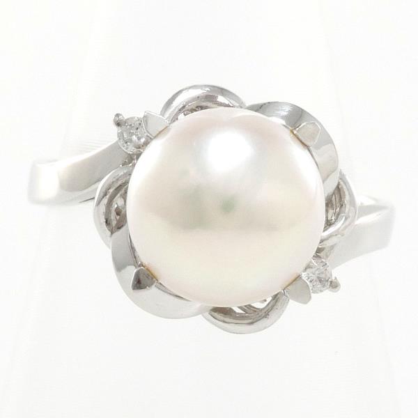 Platinum PT900 Ring - Size 8 with 8.5mm Pearl and 0.03ct Diamond, Approximate weight 5.3g - Ladies Silver Jewelry