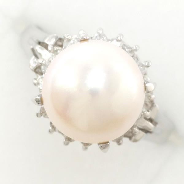 Platinum PT900 Ring - Size 8 with 9mm Pearl and 0.16ct Diamond, Approximate weight 4.7g - Ladies Silver Jewelry