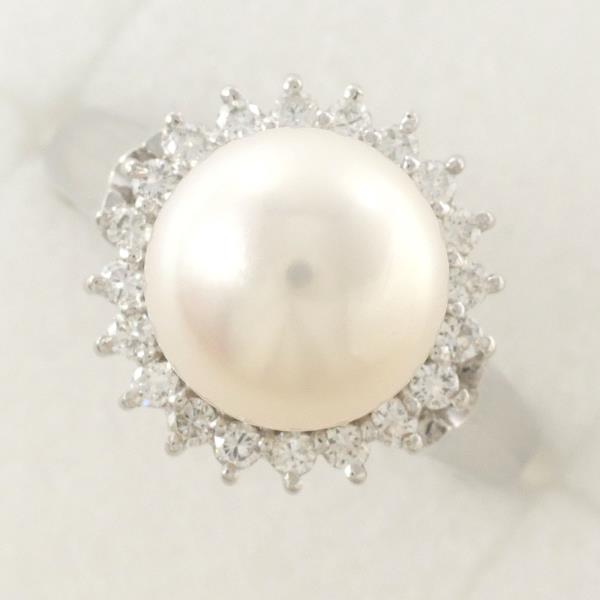 Ladies' PT900 Platinum Ring with Around 9mm Pearl & 0.27ct Diamond, Size 9, Weight 7.0g