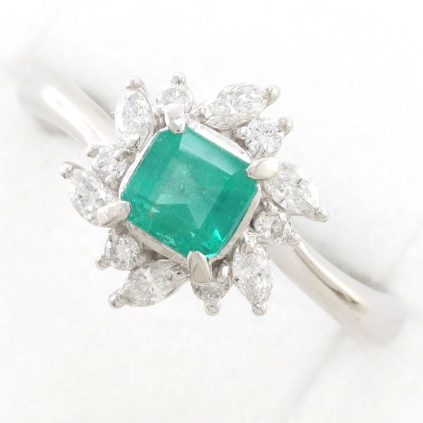Platinum PT900 Ring with 0.741 Carat Emerald and 0.38 Carat Diamond, Weight Approximately 5.3g for Women