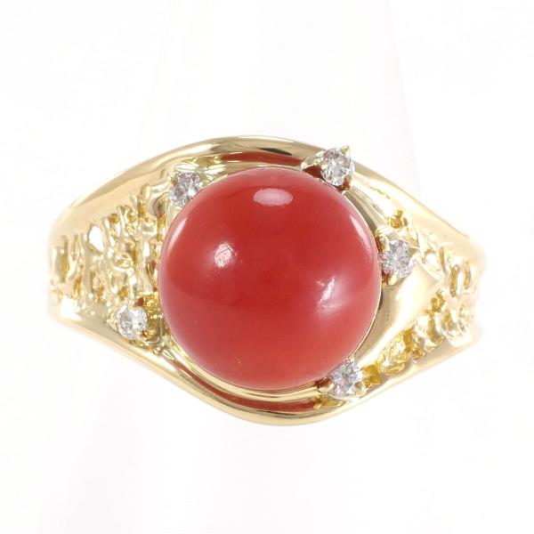 Ladies Yellow Gold Ring (Size 11) in K18 18k Yellow Gold with Coral and Diamond 0.09ct, Total Weight Approx 5.5g, Used