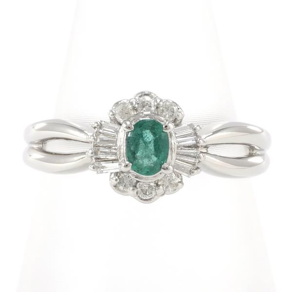 PT900 Platinum Ring with Emerald and 0.17ct Diamond, Total Weight of 4.8g - Size 10 for Women