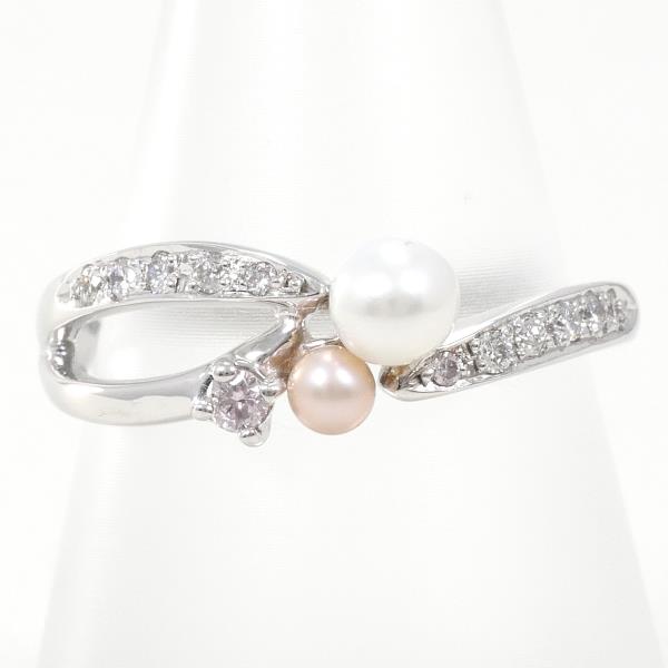 K18 White Gold and Pearl Ring with Approx 3-4mm Diamond 0.13ct, Pink Diamond, in Silver for Women