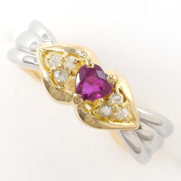 Heart-Motif Ring in K18 Yellow Gold/Platinum PT900/Ruby/Diamond Size 2.5 for Women