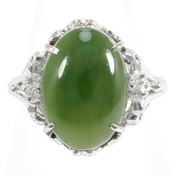 Platinum PT900 Ring with Nephrite and 0.09ct Diamond, Size 10.5, Silver Women's Jewelry
