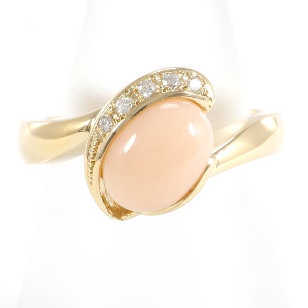 K18 18K Yellow Gold Ring with Diamond 0.05 ct and Coral, Size 11, Total weight approximately 6.4g, Women's Jewelry