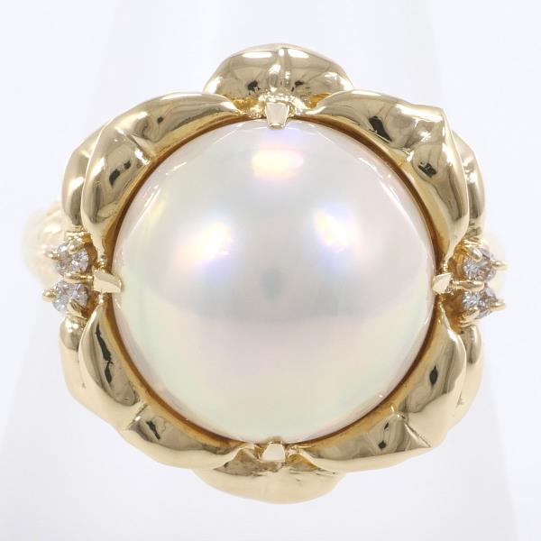 Approx. 18mm Ring Made with K18 Yellow Gold, Diamond, and Mabe Pearl for Women