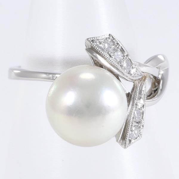 Platinum PT850 Diamond & Pearl Ring, Size 10, Pearl Size 9mm, Diamond 0.07ct, Weight 4.8g, Women's Silver