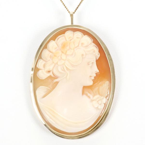 Women's Brooch Necklace in K18 Yellow Gold with Shell Cameo, Orange, Pre-Owned