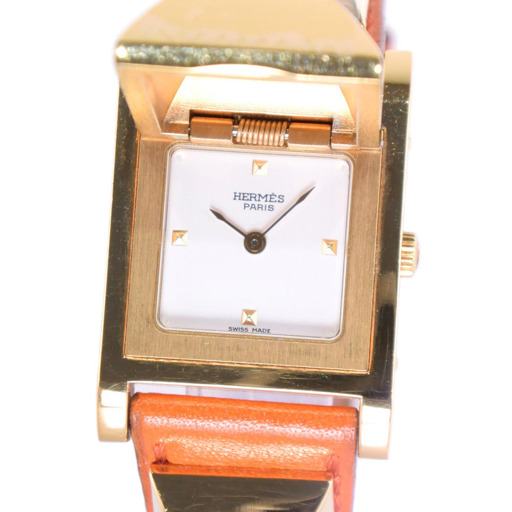 Hermes Medor Women's Wristwatch, Gold Plated & Leather, Quartz, Orange, White Dial - Pre-loved, Grade A-