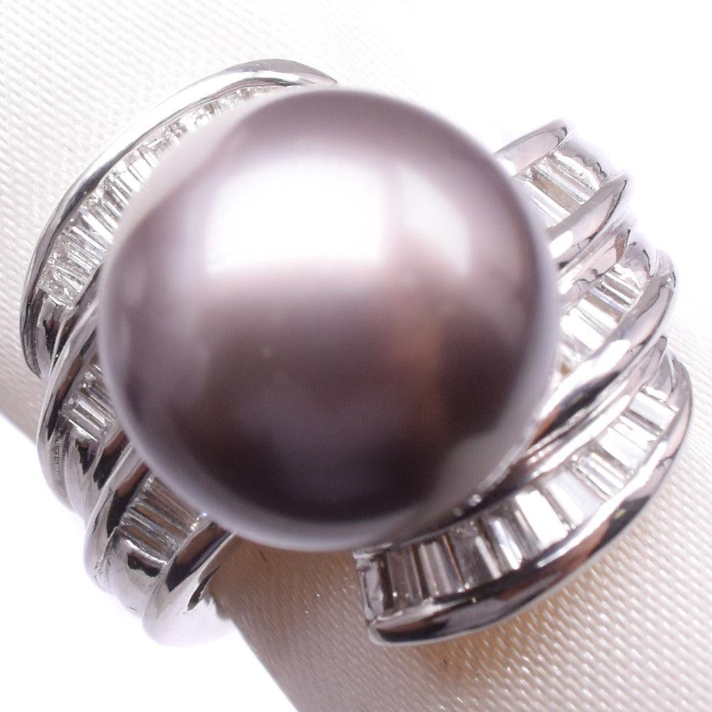 [LuxUness]  Platinum Pt900 Diamond Ring with Black Pearl for Ladies, Size 11, Excellent Pre-owned Condition  Metal Ring in Excellent condition