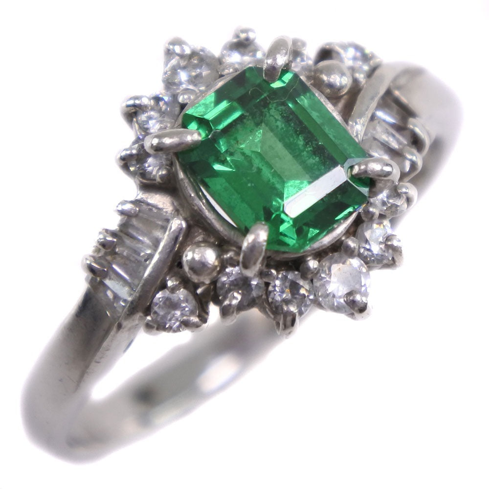 [LuxUness]  Size 11 Ladies Ring in Pt900 Platinum with Emerald and Diamond - Preowned, A Rank Metal Ring in Excellent condition