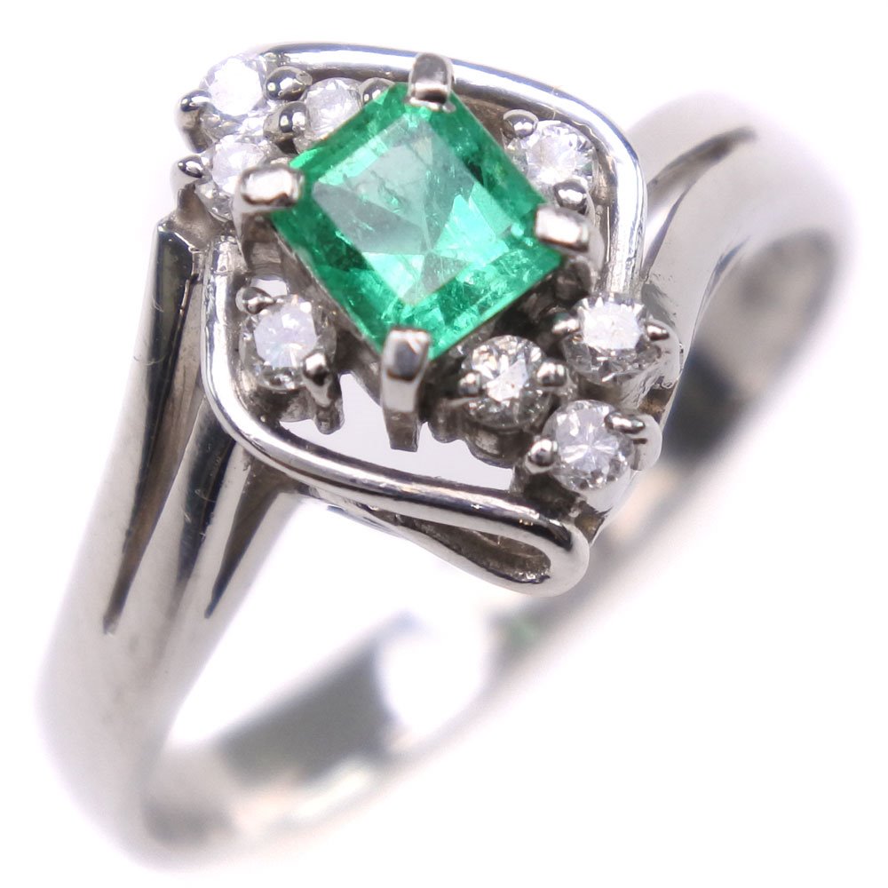 [LuxUness]  Size 6 Ladies Ring in Pt850 Platinum with Emerald and Diamond, E0.22 D0.11 - Preowned, SA Rank Metal Ring in Excellent condition