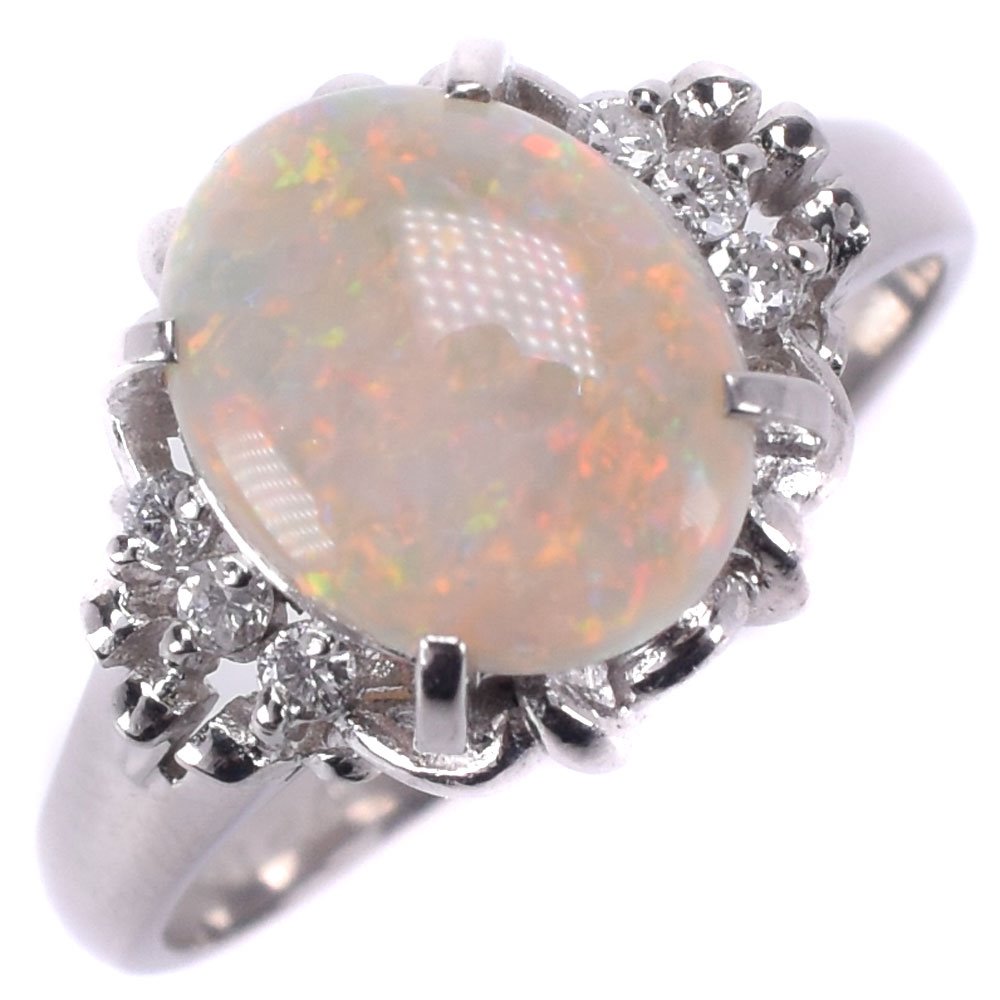 [LuxUness]  Platinum PT900 Opal & Diamond Ring, Size 19 - Ladies A-grade (used) Metal Ring in Excellent condition