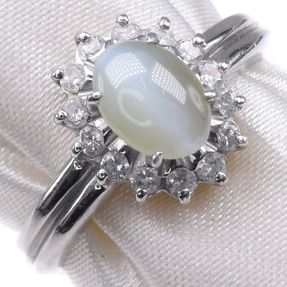 Platinum Pt900, 1.37ct Cat's Eye Gemstone & 0.26ct Diamond Ring (Size 13) for Women - Pre-Owned, SA Grade