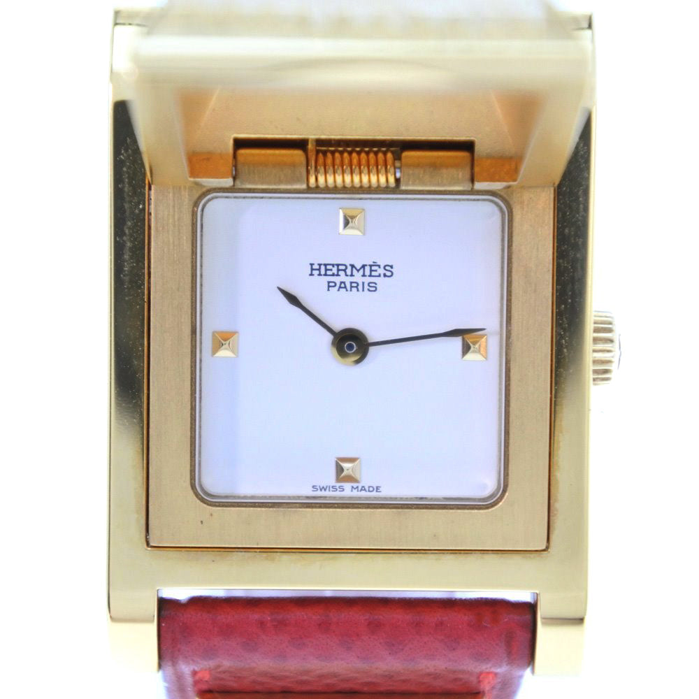 Hermes Medor Gold Plated and Leather Wristwatch with White Dial for Women - Used