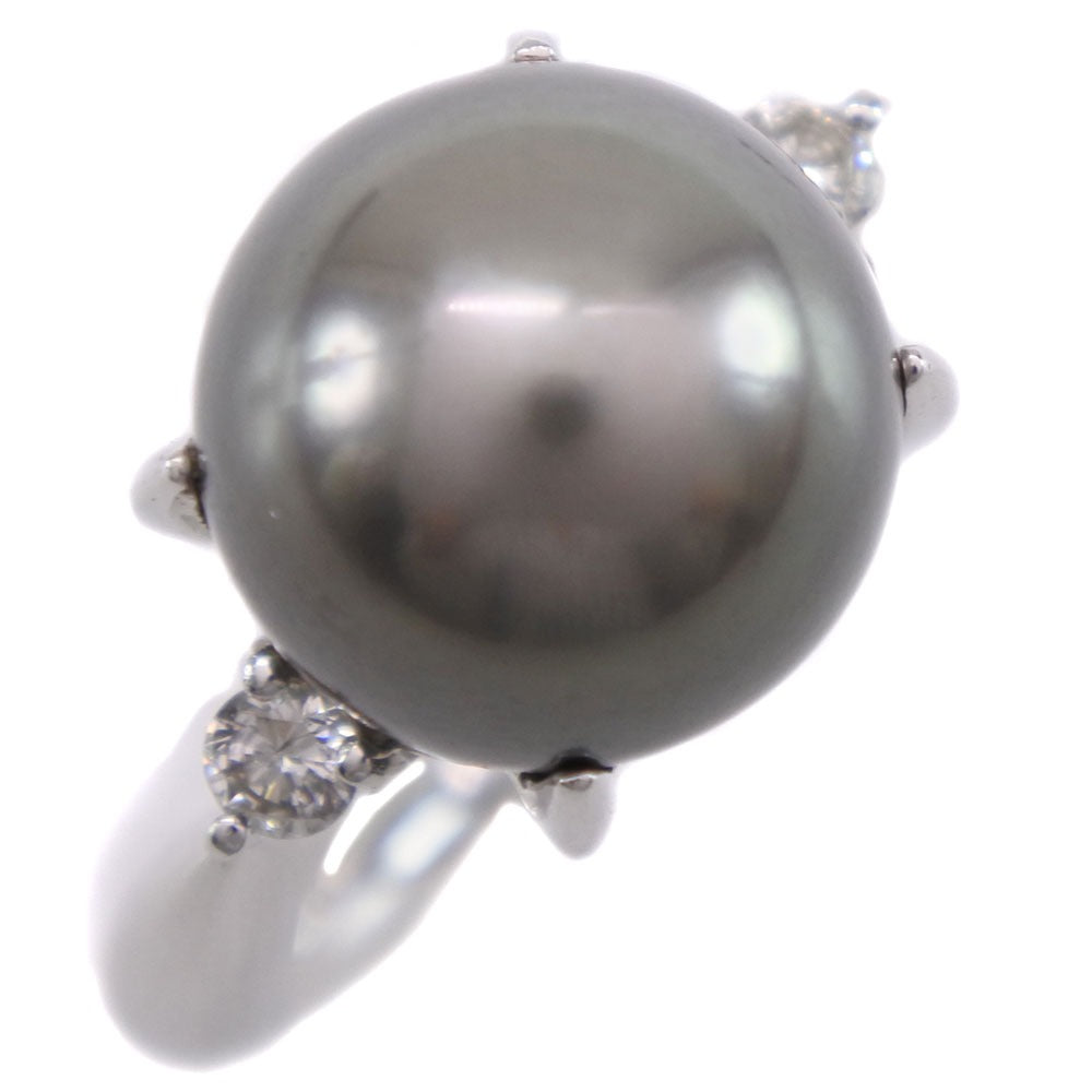 [LuxUness]  Ladies' Rank A Used, 11.5 Size Pearl, 11mm Pt900 Platinum Ring with Black Pearl & 0.13ct Diamond, Grey Metal Ring in Excellent condition