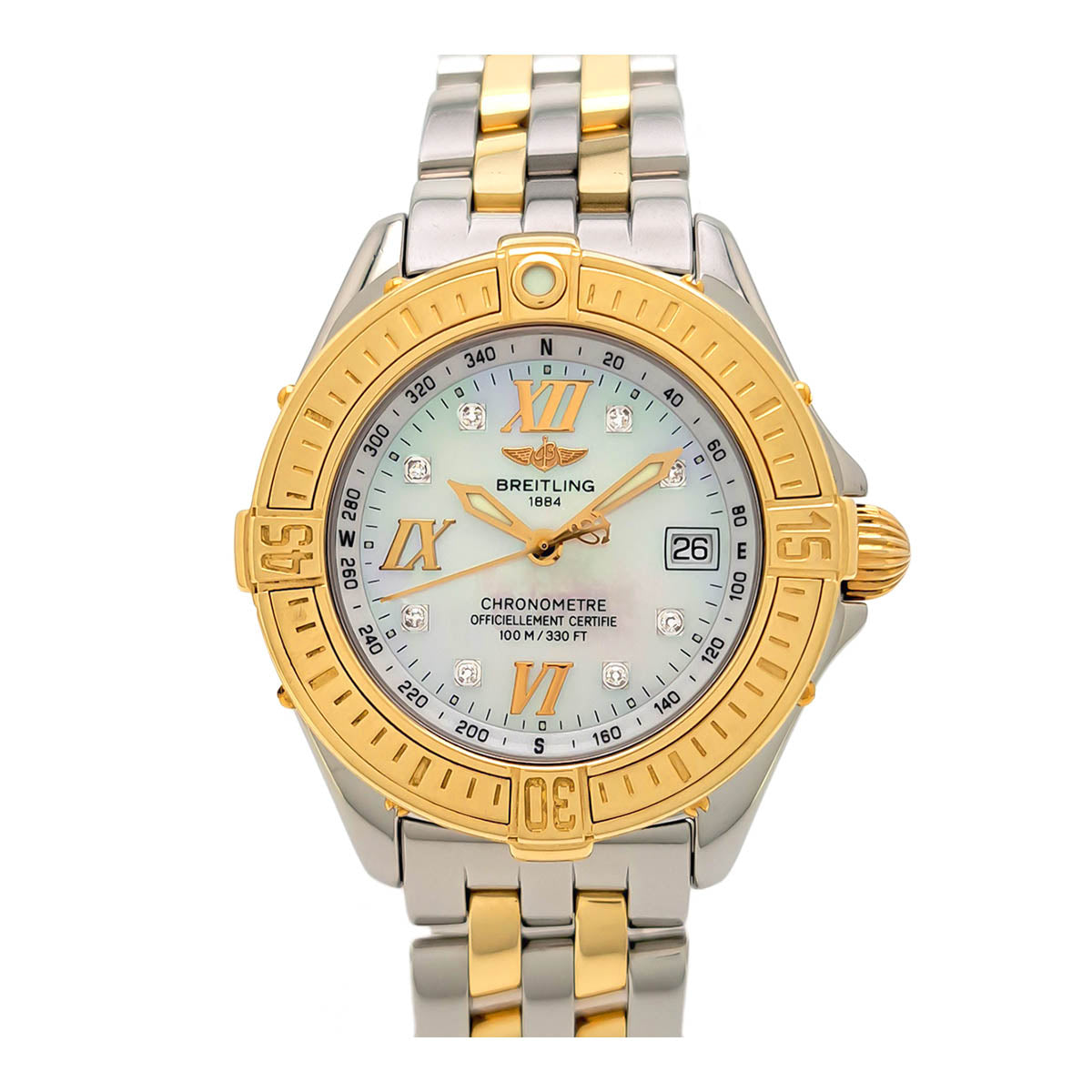 BREITLING B-Class White Shell with 8P Diamond D71365 Quartz Stainless Steel Yellow Gold Women’s Pre-owned Watch D71365