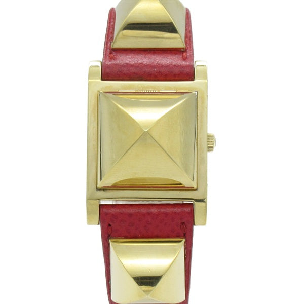 HERMES Medor Women's Wrist Watch ME1.201, Quartz, Gold Plated Stainless Steel with Leather Strap, Used ME1.201