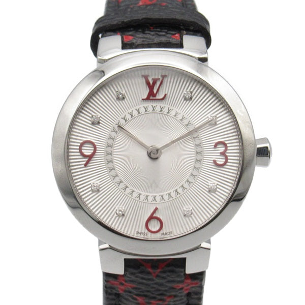 Louis Vuitton Ladies Stainless Steel/Leather Strap Tambour Slim 8P Diamond Wrist Watch Q12MG Q12MG