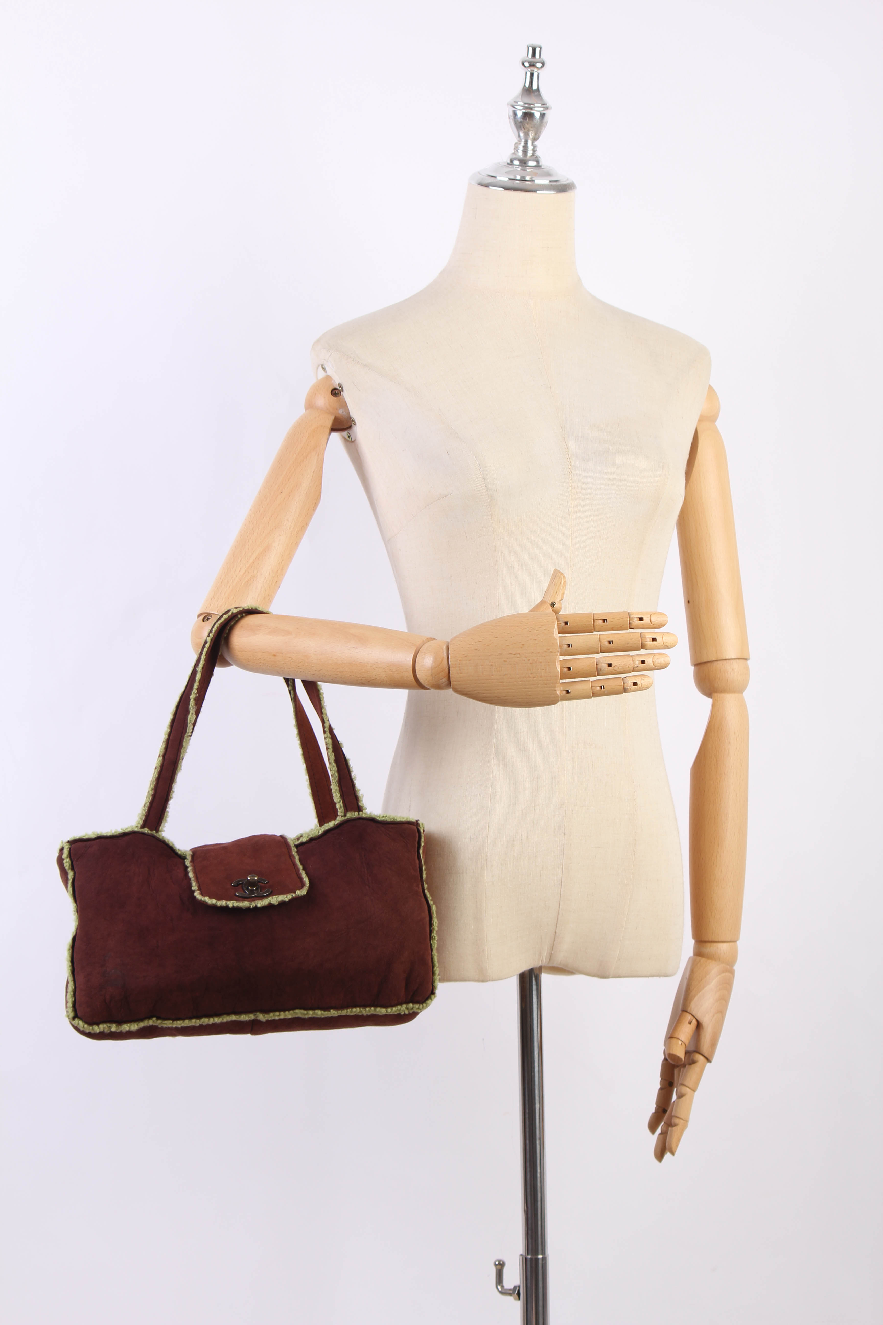 Suede &  Shearling Trim Handbag