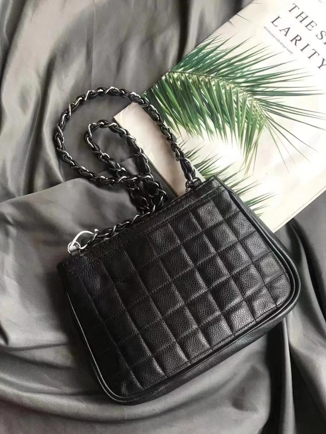 CHANEL Vintage Front Pocket Caviar Leather Shoulder Bag Black