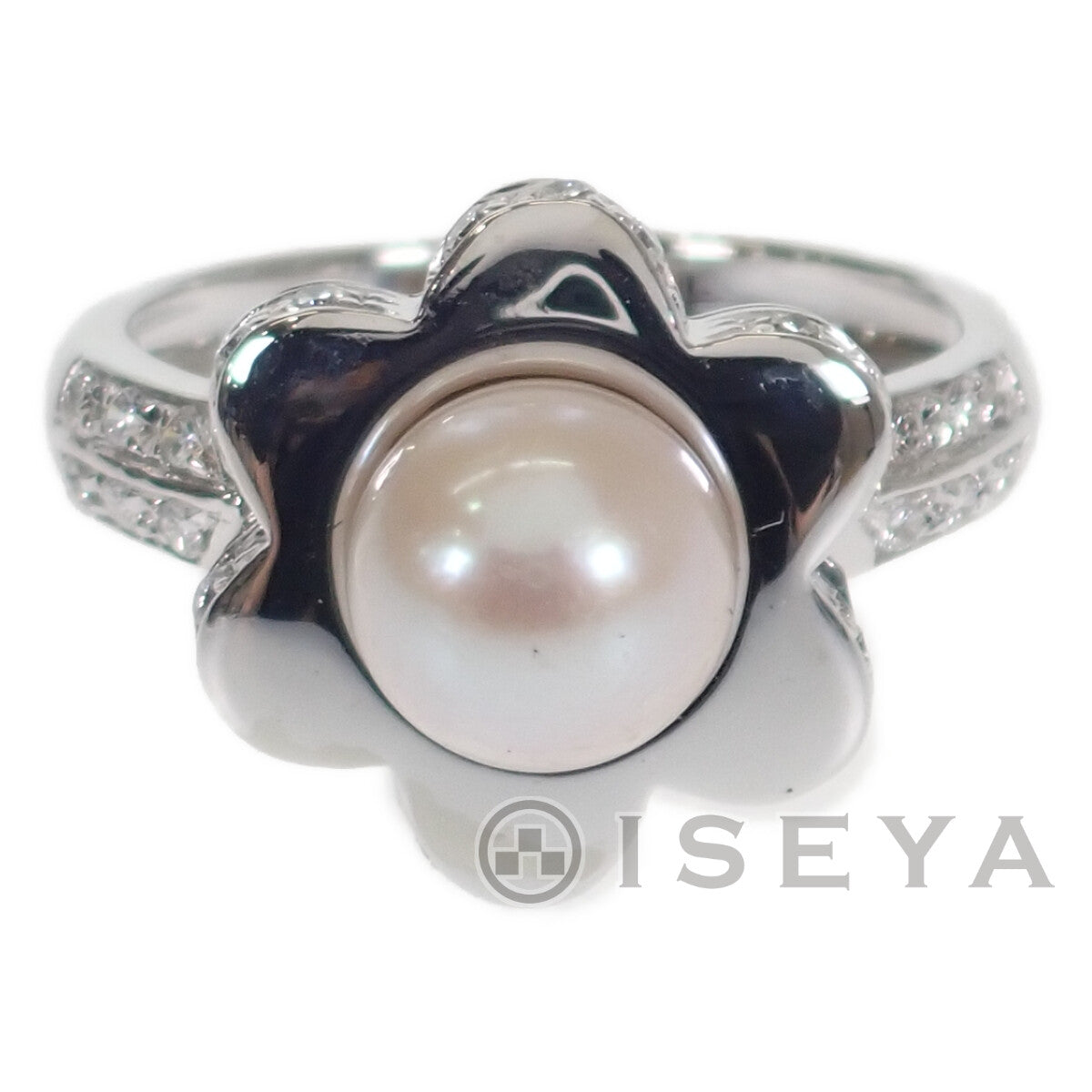 [LuxUness]  Ponte Vecchio Flower Motif Ring with Pearl & Diamond in K18 White Gold for Women, Size 9 (Used) in Excellent condition