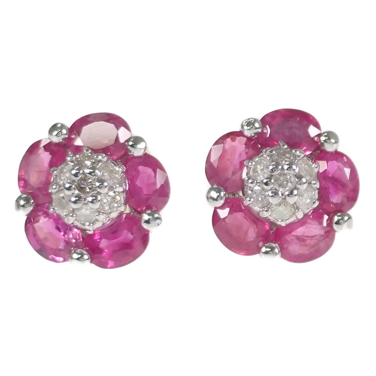 [LuxUness]  Women's 1.06ct Ruby and 0.10ct Diamond Floral Design Earrings in K18 White Gold, Pink, Pre-owned in Excellent condition