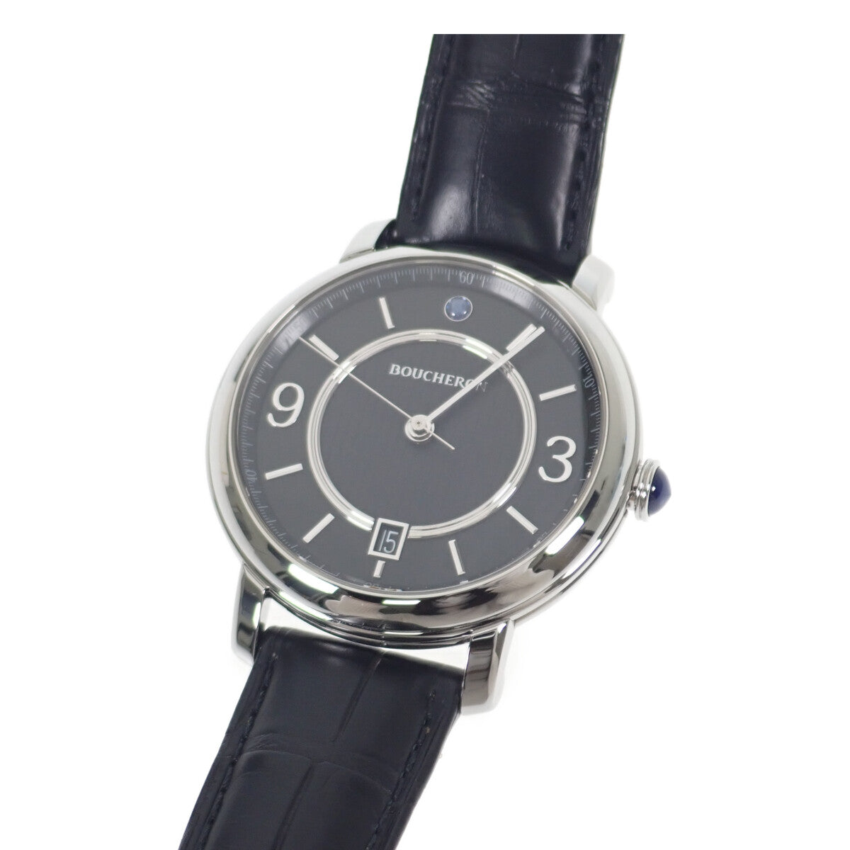 Boucheron  Boucheron Epure Stainless Steel Men’s Watch with Black Leather Strap and Black Dial WA021202 in Excellent condition