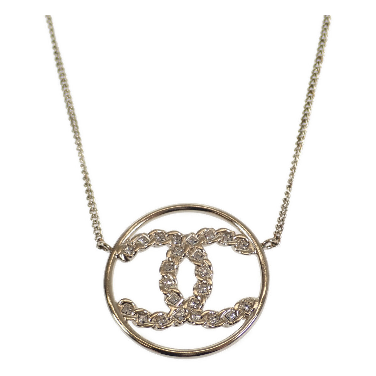 Chanel CC Rhinestone Circle Pendant Necklace Metal Necklace in Excellent condition