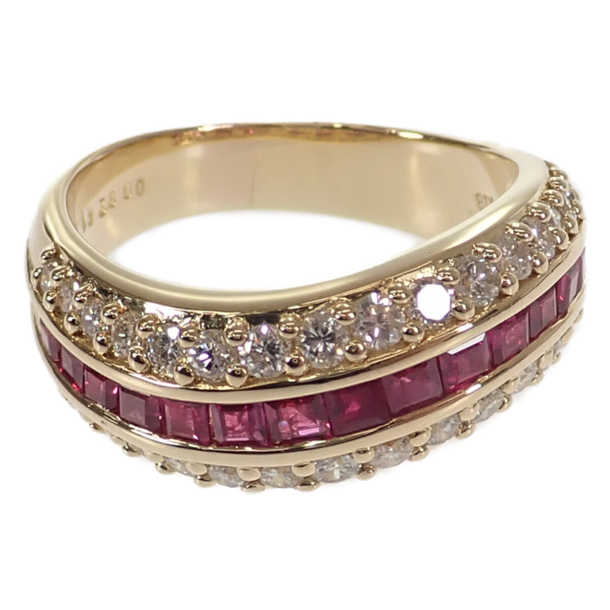 [LuxUness]  K18YG Wave Design Ring - 0.82ct Diamond & 1.18ct Ruby, Size 14 in Excellent condition