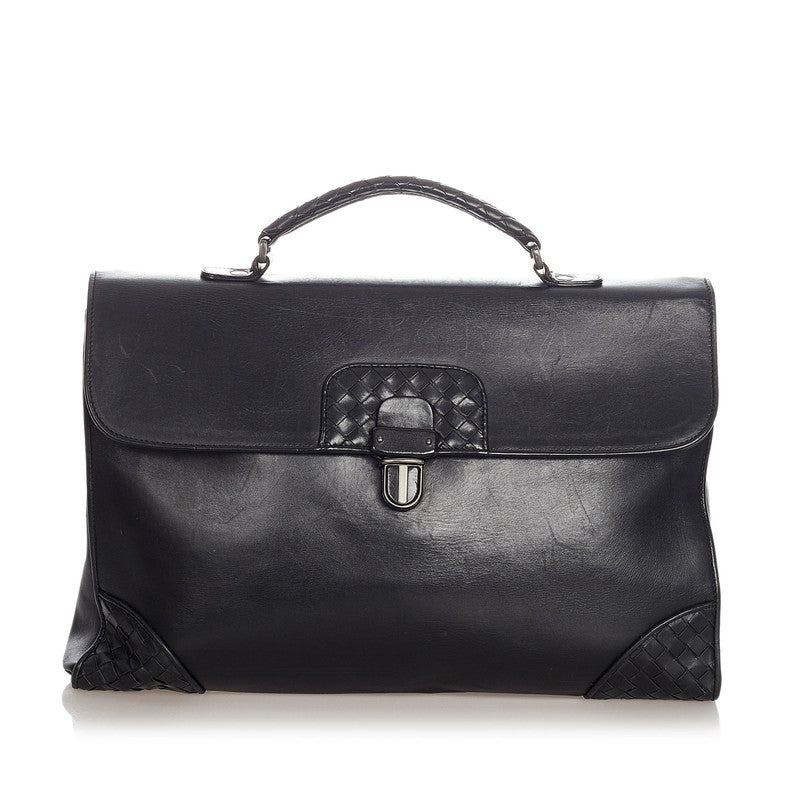 Intrecciato-Trimmed Leather Business Bag